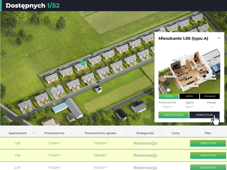 nawigator wyszukiwarka mieszkań na stronie inwestycji deweloperskiej z podglądem karty lokalu
