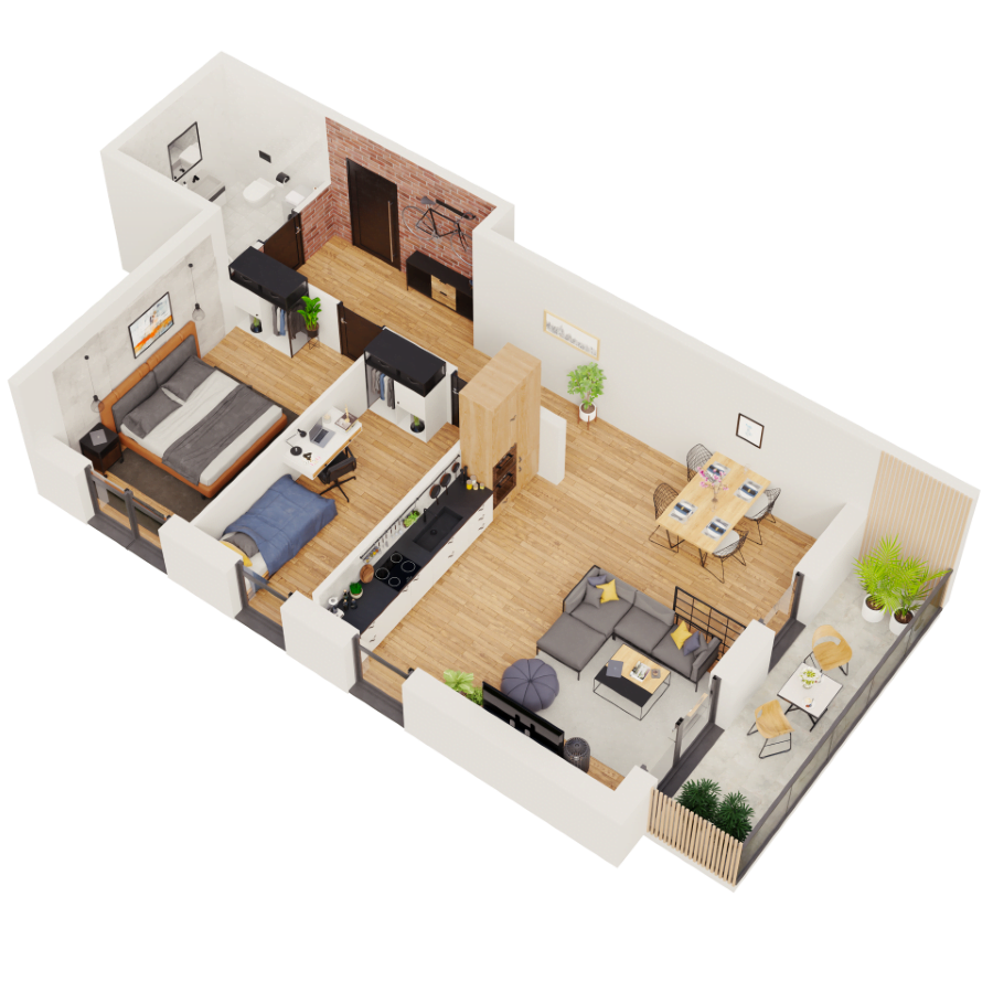 Rzut 3D apartamentu z dwiema sypialniami
